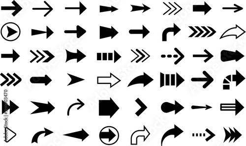 Black arrow cursor, slim indicator and directions signs. Reload icon, left right directionality elegant symbols. Isolated arrows decent vector collection