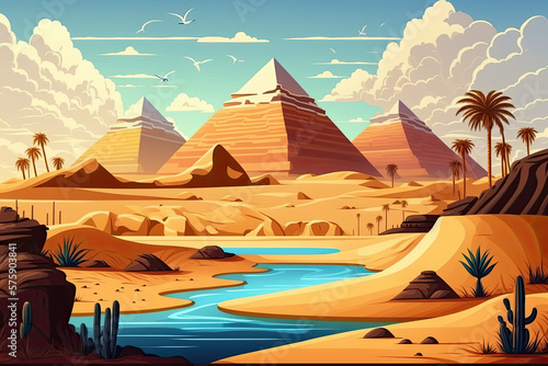 Pyramids and a river in the Egyptian desert. Cartoon scene with golden sand dunes  blue Nile river  Egyptian pharaohs  tombs  a scorching sun  and clouds in the sky  generative AI