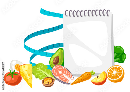 Illustration of dieting plan with food. Healthy eating and diet meal. Fruits, vegetables and proteins for proper nutrition.