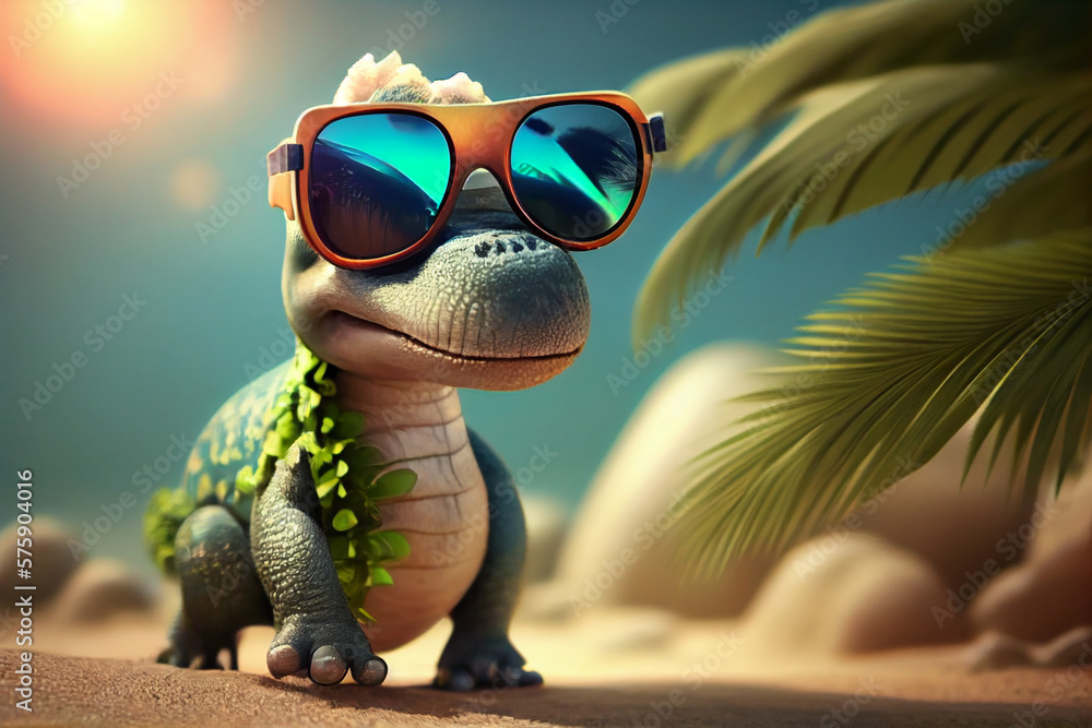 Cute baby dinosaur in sunglasses resting at the resort. AI generated