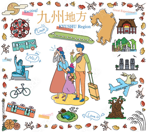 日本の九州地方の秋の名物観光を楽しむ三人家族、アイコンのセット（線画）