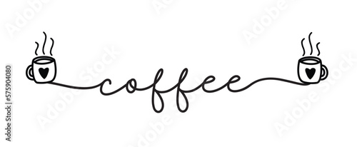 Coffee. Vector logo word. Design for poster, flyer, banner, menu cafe. Hand drawn horizontal calligraphy text. Typography coffee logo. Signboard icon coffee. Black and white illustration with cup.