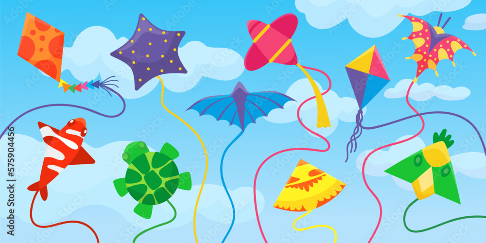 Kites in clouds, origami paper kite fly in blue sky. Makar sankranti festival background. Summer children outdoor funny play, neoteric freedom vector banner Kites in clouds, origami paper kite fly in blue sky. Makar sankranti festival background. Summer children outdoor funny play, neoteric freedom vector banner