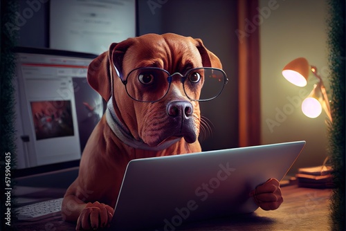 photo of artificially generated dog in different poses such as standing at the beach, eating ice cream, working on a laptop or doing fitness, brightly colored photo