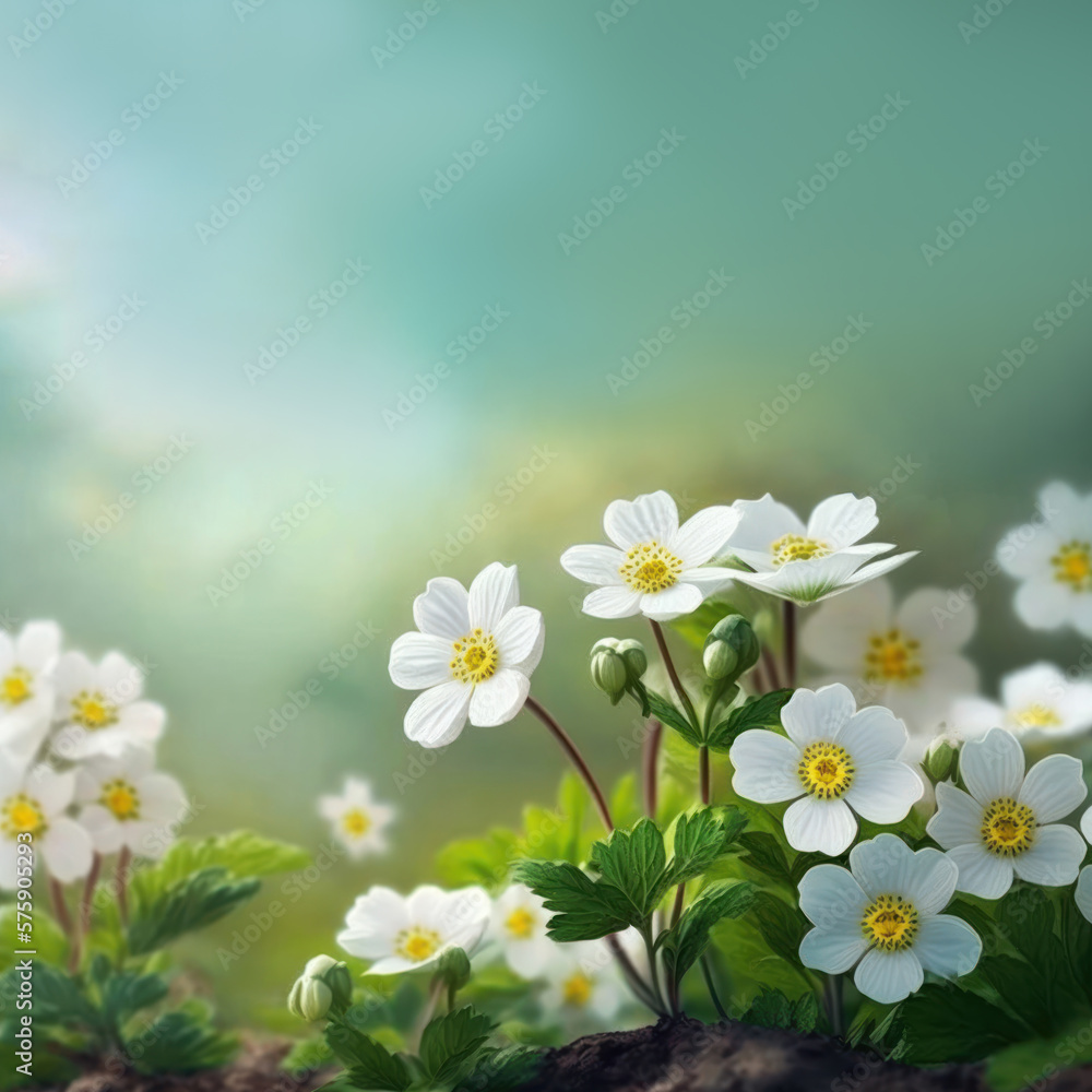 Spring forest white flowers primroses with Blurred blue sky .Floral nature background.  Generative ai.