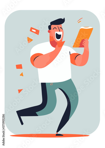 A happy character with a mobile phone, reading good news, Flat vector illustration isolated on white background.