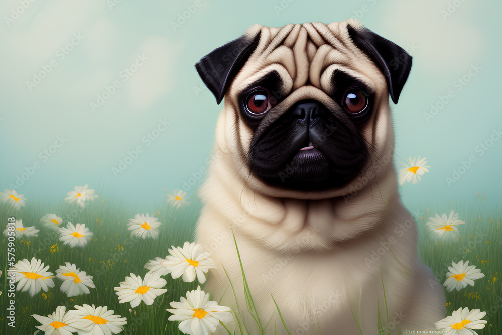 Cute pug puppy on green lawn with daisies. Sweet dog on green grass with wild flowers, chamomiles. Generative AI.