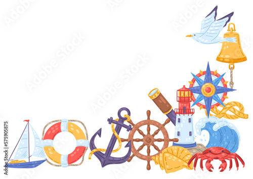 Background with nautical symbols and items. Marine cute illustration.