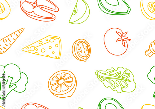 Seamless pattern with healthy eating and diet meal. Fruits, vegetables and proteins for proper nutrition.