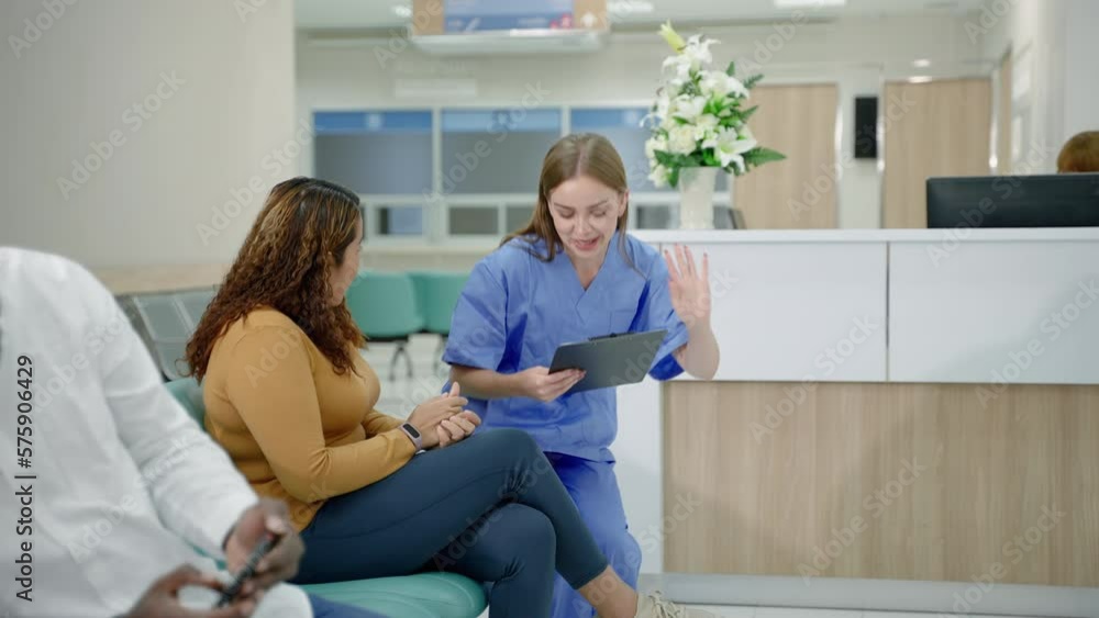 Diversity in hospital lobby or hallway with busy nurse, older patient on wheelchair, sick patient, relative waiting at reception
Diversity in hospital lobby or hallway with busy nurse, older patient on wheelchair, sick patient, relative waiting at reception