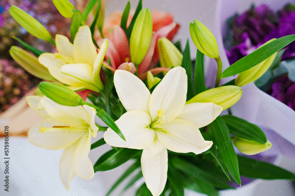 Fototapeta premium view from above. bouquet of white lilies. the beauty of flowers. 