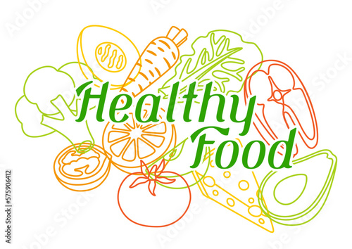 Background with healthy eating and diet meal. Fruits, vegetables and proteins for proper nutrition.