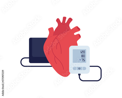 Blood pressure infographic. Vector flat illustration set. Heart anatomy with pressure monitor isolated on white background. Design for healthcare, cardiology.