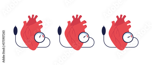 Blood pressure infographic. Vector flat illustration set. Heart anatomy shape with low, normal, high pressure on monitor isolated on white background. Design for healthcare, cardiology.