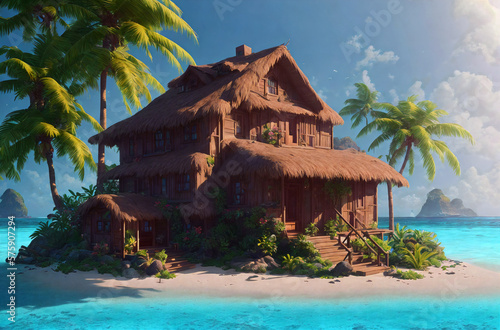 Beautiful house on a small tropical island, on a clear sunny day surrounded by the ocean, Generative AI