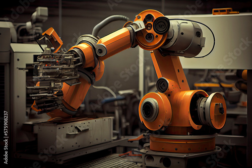 robot working steel welding building electronic machine in factory
