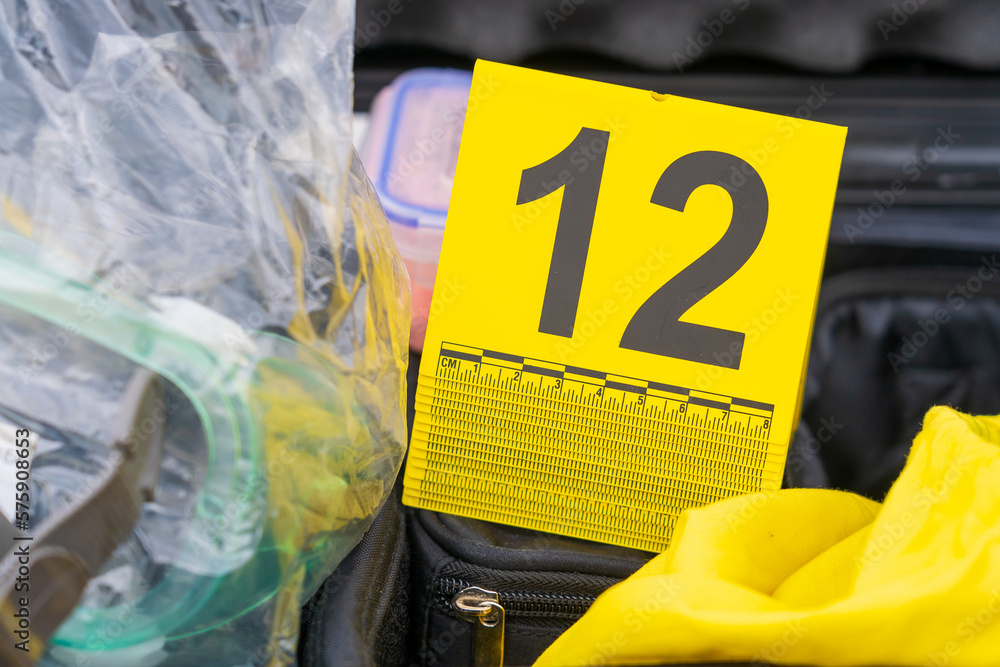 Yellow number plates for evidence police forensic tool at the crime ...