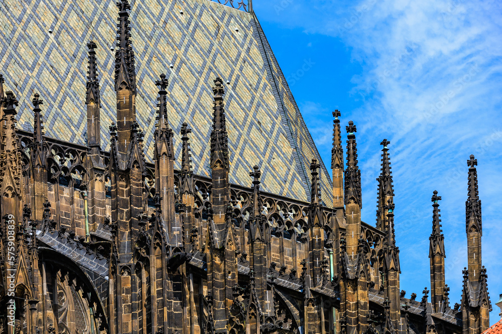 Details of the exterior of the Gothic Catholic Cathedral of St. Vitus, Wenceslas and Vojtech in Prague Castle