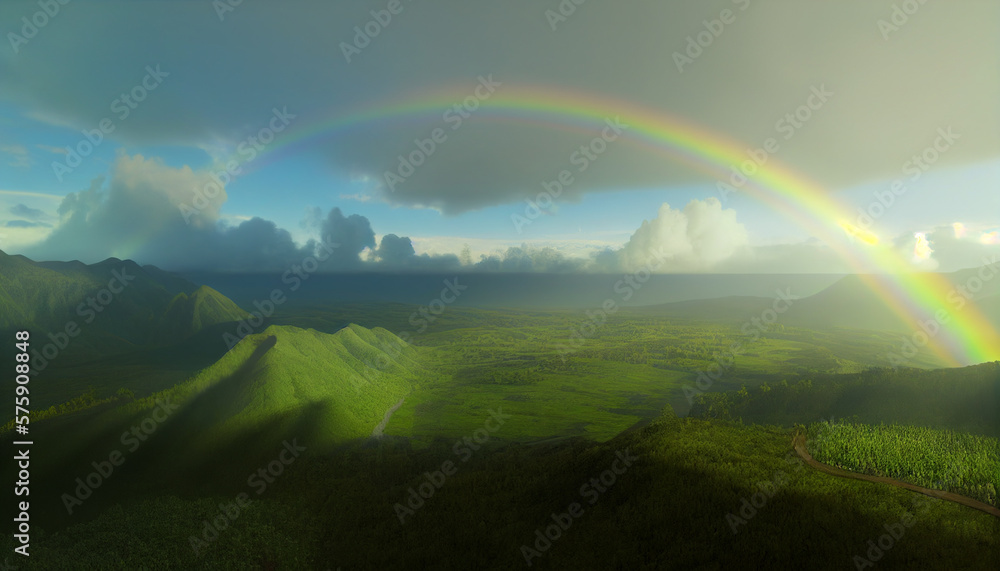 The Rainbow Symphony: A Stunning Octane Render of a Bright and Vibrant Rainbow over a Serene Green Valley. Generative Ai