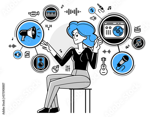 Music producer composing new track vector outline illustration, sound engineer doing his job in recording studio, composer creating audio mix.