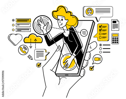 Phone working online person doing some job vector outline illustration, smartphone remote virtual working freelancer or a part of coworking team.