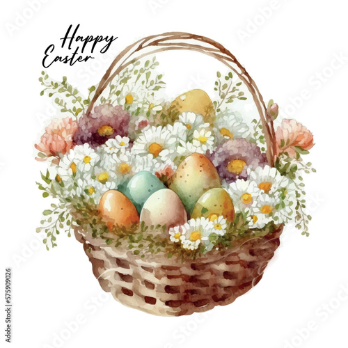 Happy easter Vector cute classic illustrations of easter eggs in a basket of flowers, chick, greeting text for a greeting card, poster or background