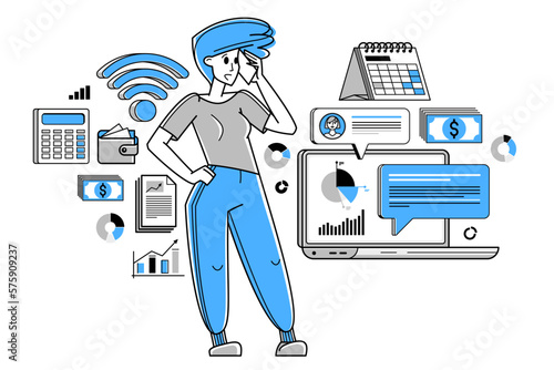 Busy business woman working on some commercial project online vector outline illustration, entrepreneur analyzing virtual financial data, e-business.