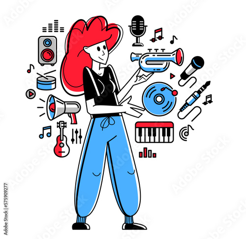 Music producer composing new track vector outline illustration, sound engineer doing his job in recording studio, composer creating audio mix.