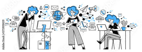 Working online team doing some creative job vector outline illustration, remote virtual working freelancers or a part of coworking team.