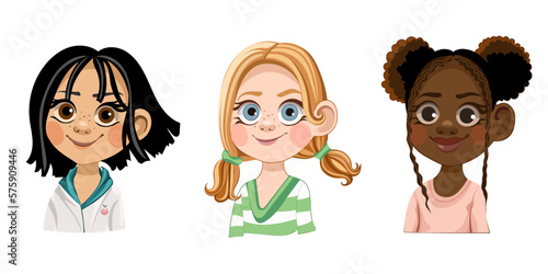 Portraits of smiling and happy children, isolated girls. Avatars of kids with positive expression on faces. Flat style cartoon character vector