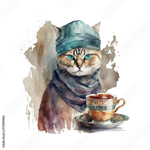 Turkish Cat with coffee cup. Muslim cat with turban. Watercolor Vector illustration for coffee houses. Isolated on white background. Can be used for menu, logo or flyer, greeting card, design t-shirt