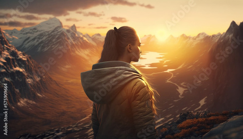 The Panorama of the Peaks: A Super-Realistic View of a Young Woman Observing the Spectacular Sunset from the Mountain Summit. Generative Ai