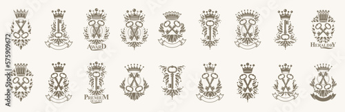 Keys logos big vector set  vintage heraldic turnkeys emblems collection  classic style heraldry design elements  ancient designs. secret.