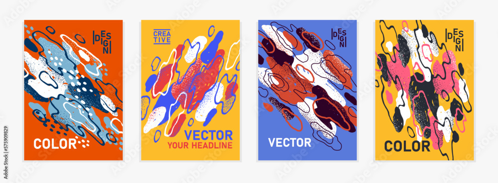 Artistic brochures vector abstract designs set with hand drawn elements, stylish colorful art abstraction covers for magazines or flyers, leaflets or advertising posters templates collection.