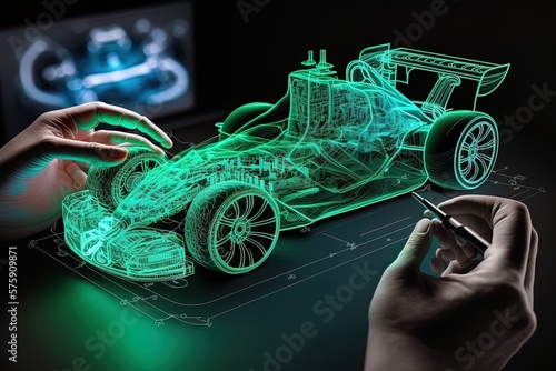 An engineer designing a f1 car using augmented reality and viewing the car as a projection or hologram in high-tech laboratory. Concept: The future of designing and engineering. Generative ai.