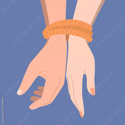 Hands of two people tied with a rope. Concept of toxic relationship and codependency, man and woman tied together. Vector illustration.