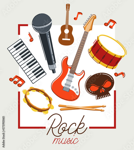 Rock music band vector poster flat illustration isolated over white background, hard rock and heavy metal live sound festival or concert flyer or advertising banner, rock n roll musical band playing.