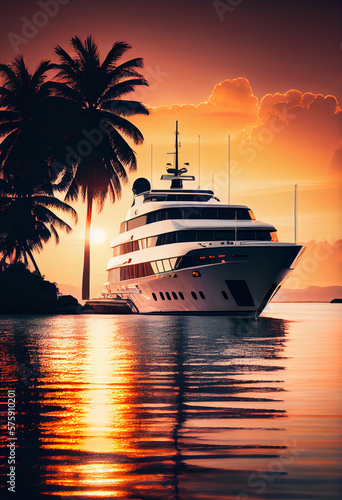 A luxury yacht drifts near the shore of a tropical resort. AI generated