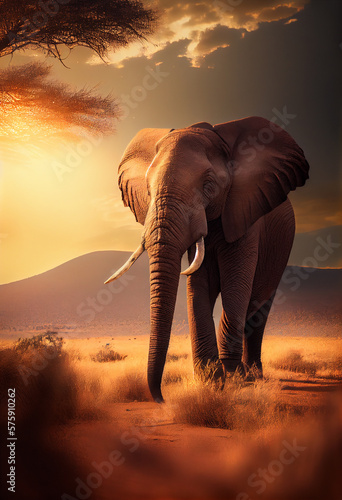 Silhouette of a majestically elephant in the savanna against the backdrop of the setting sun. AI generated