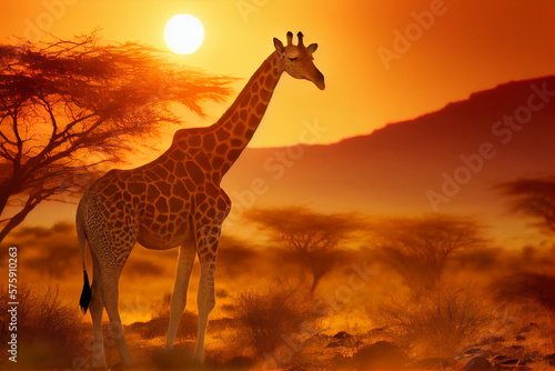 Silhouette of a giraffe in the savanna against the backdrop of the setting sun. AI generated