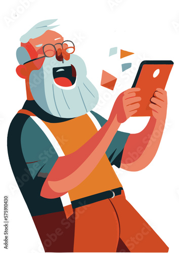 Happy character with mobile phone, reading good news, Flat vector illustrations isolated on white background