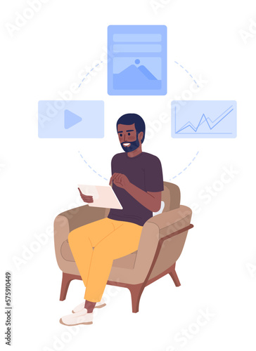 Scrolling online learning resources flat concept vector spot illustration. Editable 2D cartoon character on white for web design. Investment class creative idea for website, mobile, magazine