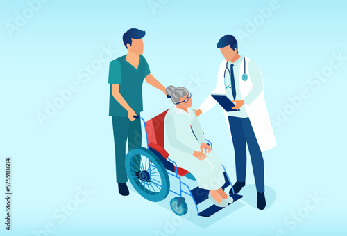 Vector of nurse and a doctor taking care of an elderly patient in a wheelchair.