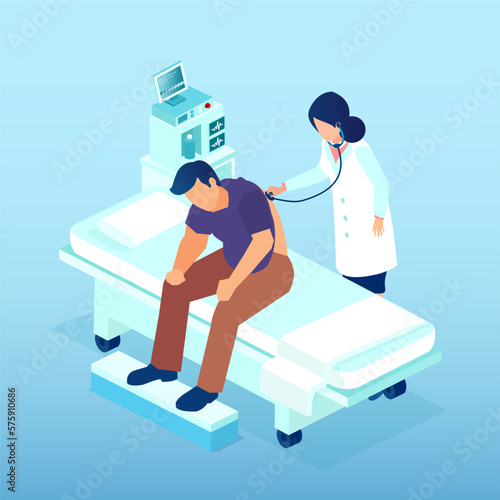 Vector of a doctor examining a patient listening to the lungs and heart