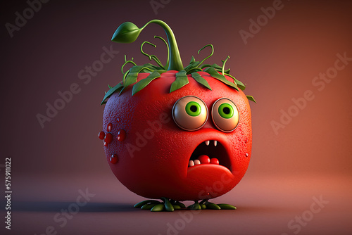 3D render cute and happy tomato cartoon character. Generative AI photo