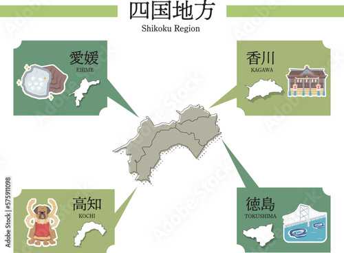 日本の四国地方の名物観光とマップ、アイコンのセット
