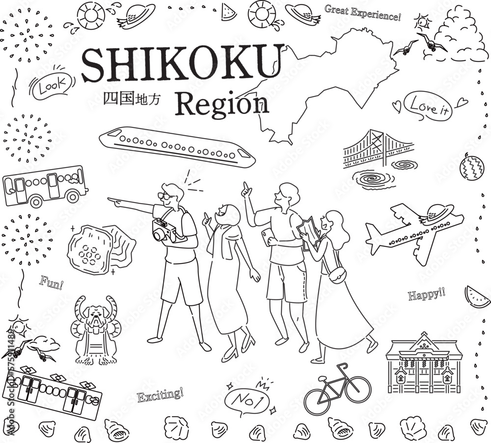Obraz premium 日本の四国地方の夏の名物観光を楽しむ観光客、アイコンのセット（線画白黒）