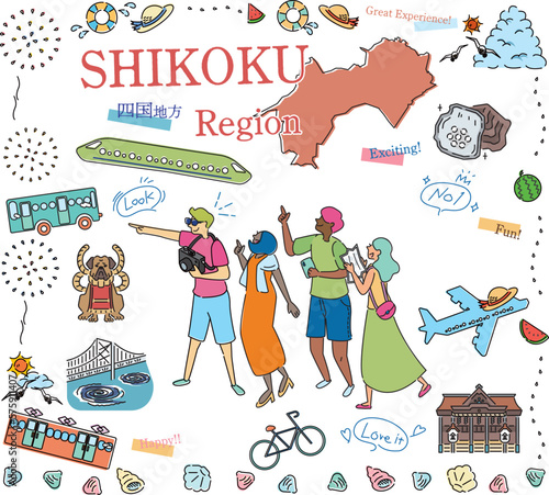 日本の四国地方の夏の名物観光を楽しむ観光客、アイコンのセット（線画）