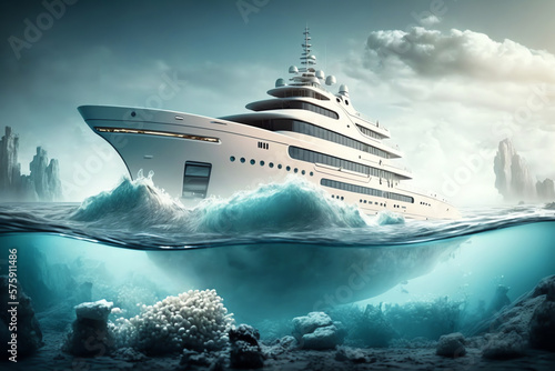 White luxury yacht sailing by blue sea. view from water. Underwater view. Generative AI © Klemenso