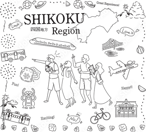 日本の四国地方の夏の名物観光を楽しむ観光客、アイコンのセット（線画白黒）